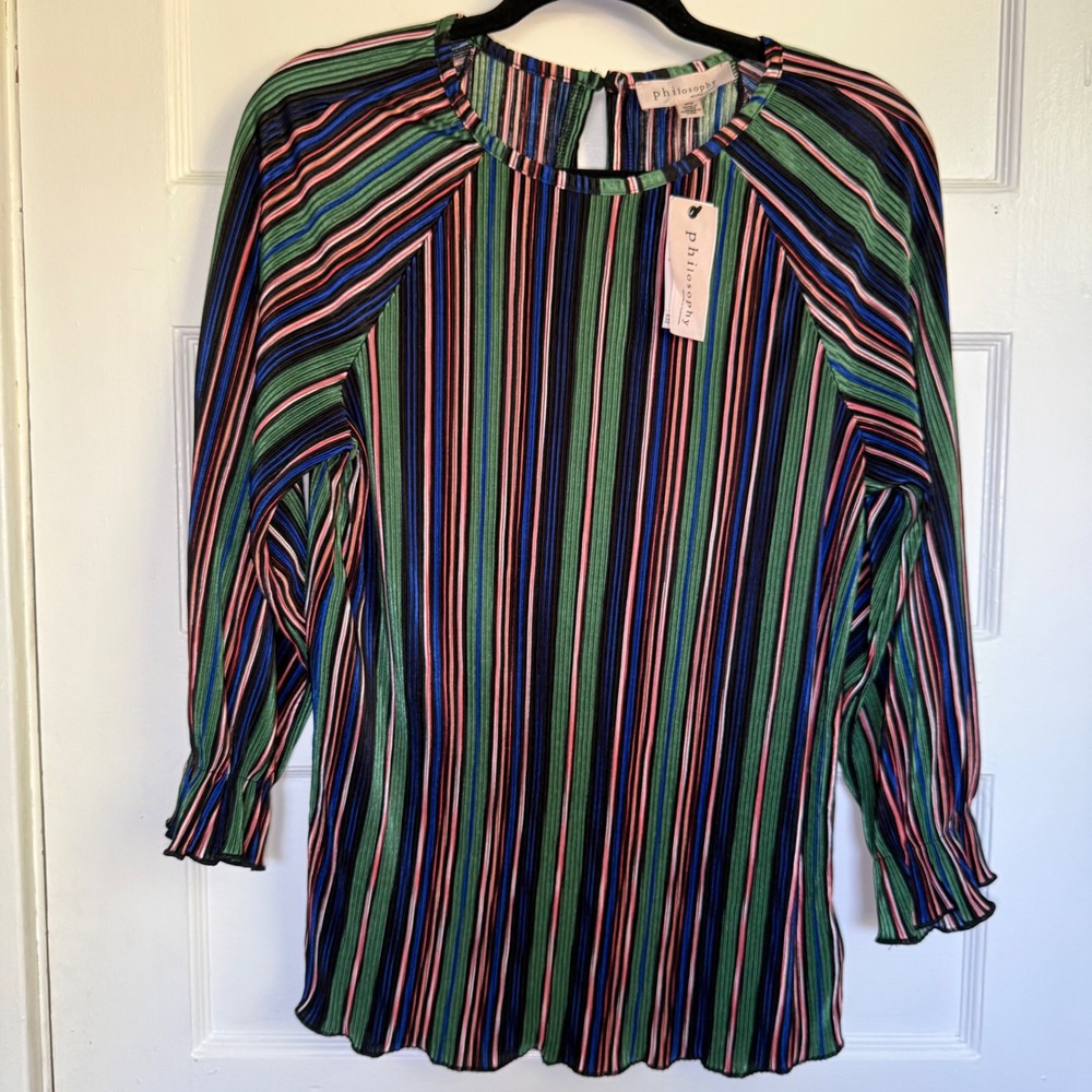 Philosophy Republic Clothing Women Green Blue Striped Pleated Ruffle Blouse M
